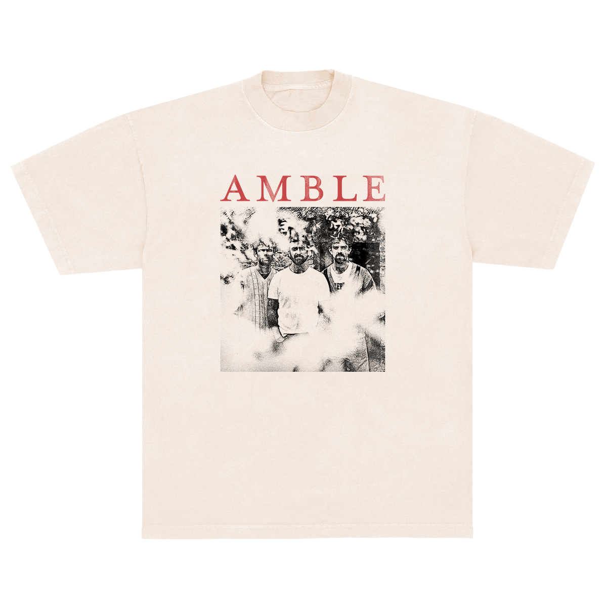 Cream t-shirt with black and white photo and 'AMBLE' text on a white background