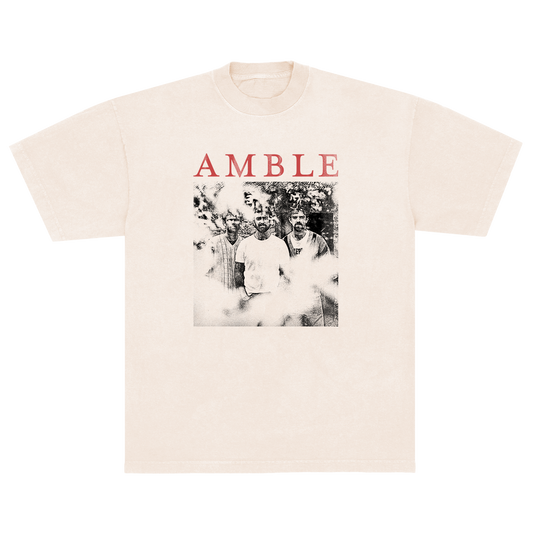 Cream t-shirt with black and white photo and 'AMBLE' text on a white background